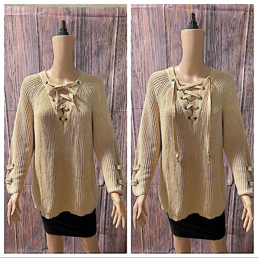 Cherish size medium large peachy tan color knit boho tie up sweater